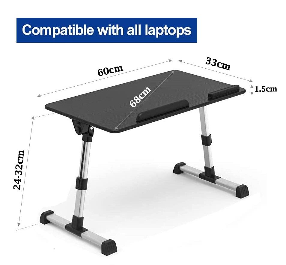 Large Size Folding and Adjustable Laptop Bed Tray Table for, Writing, Drawing and Working - 60 x 33 cm (Black)