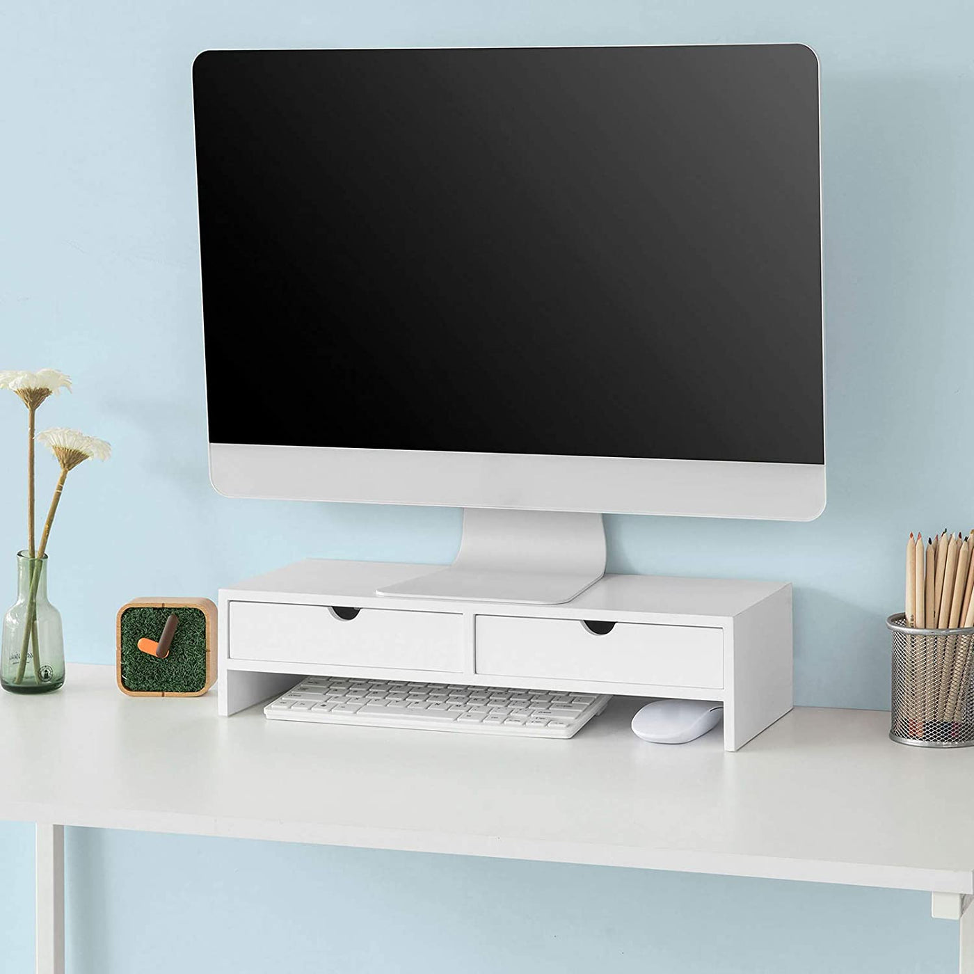 White Monitor Stand Desk Organizer with 2 Drawers