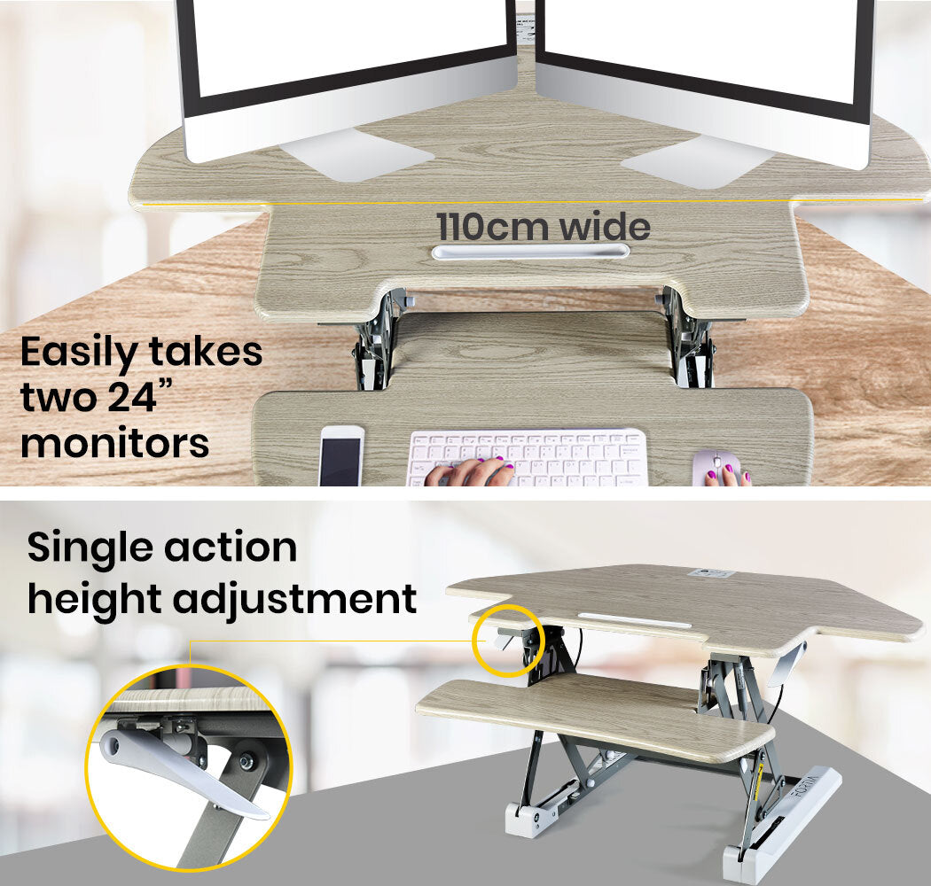 FORTIA Desk Riser Monitor Standing Stand For Corner Desk Adjustable Beech Silver